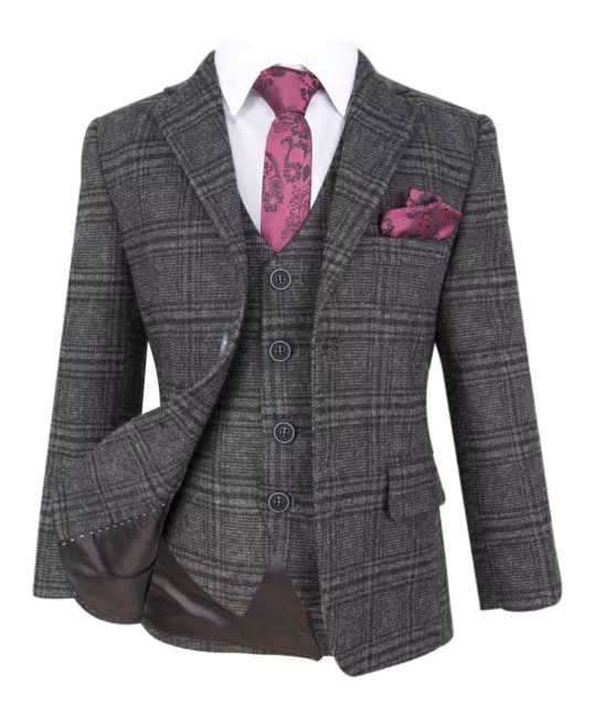 Boys Charcoal Grey Tweed Check Peaky Blinders Prom Wedding Formal Retro Suit Set