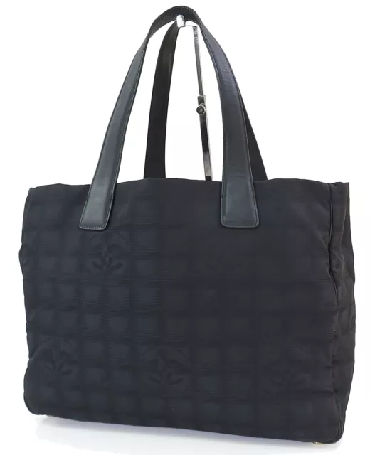 AUTH CHANEL BLACK Leather and Canvas Sport Line Shoulder Tote Bag