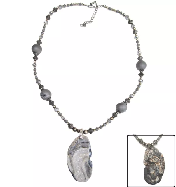 NATURAL CHALCEDONY ROCK Necklace Gray Druzy Geode Bead Quartz Agate ...