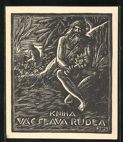 Exlibris von Karel Lehky für Kniha Vacslava Rudla, Mann mit Werkzeug am Waldesr