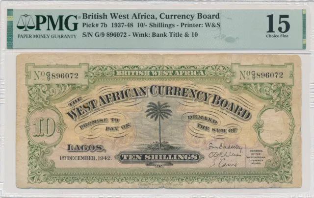 BRITISH WEST AFRICA 10/- SHILLINGS 1937-48 PICK# 7b G/9 896072 - PMG 15 CHOICE F