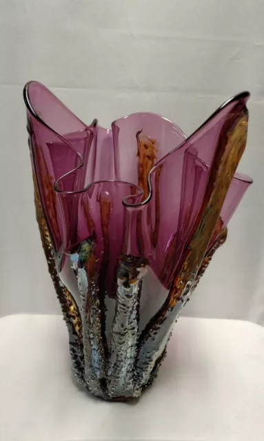 Hand Blown Unique Glass Art Ecthed Signed By Artist Quality Glass Rare Vase