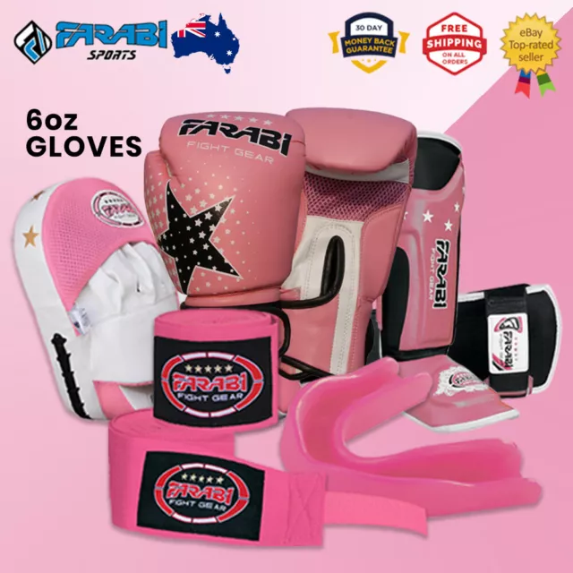 Farabi Kids Boxing Gloves Focus Pad Shin Guard Kit Combo Children Deal Set Pink 2