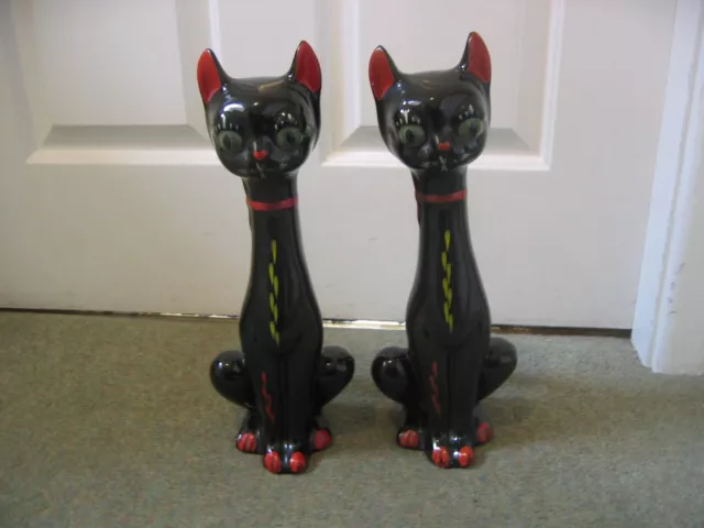 2 Retro Kitsch 1960s 13" Tall Long Neck Black Red Cat Ceramic Ornament Figurines