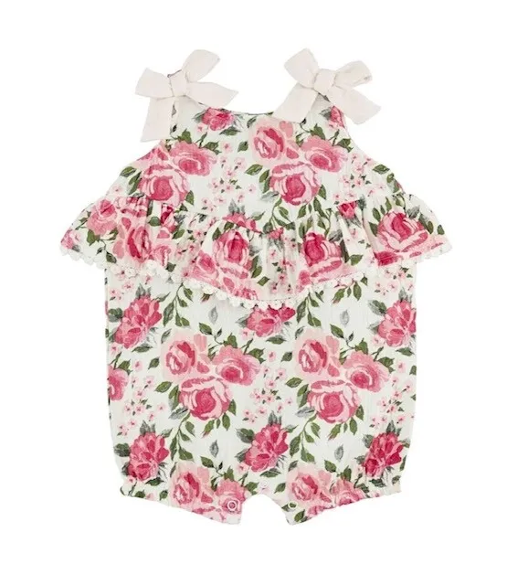 New! Mud Pie Baby Girls Pink Floral Ruffle Bubble Shorts Romper Size 12-18 Mos