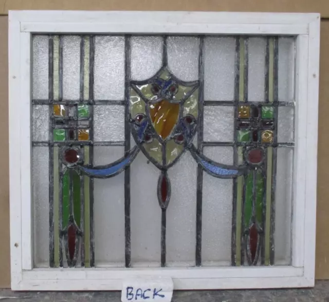 OLD ENGLISH LEADED STAINED GLASS WINDOW Elaborate shield 18 1/4 x 20" 3