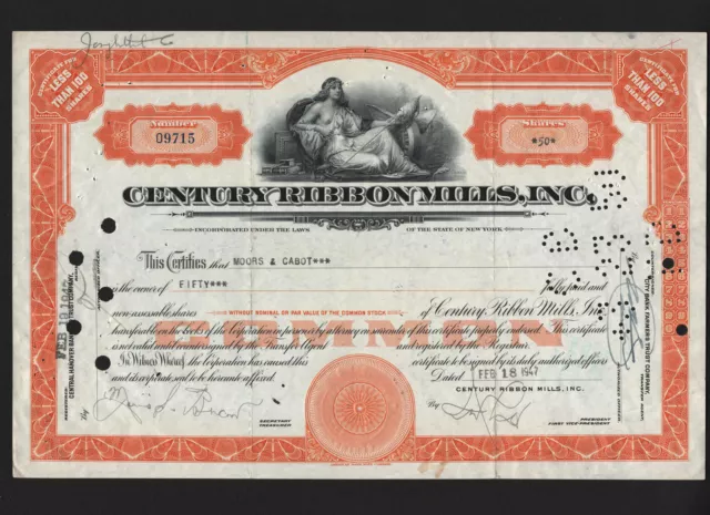 OPC 1947 Century Ruban Mills 50 Shares Stock Certificat 28420