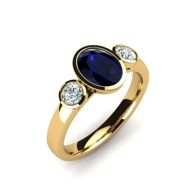 BLUE SAPPHIRE BRILLIANT-CUT Oval 7x5mm Three Stone Ring With Yellow ...