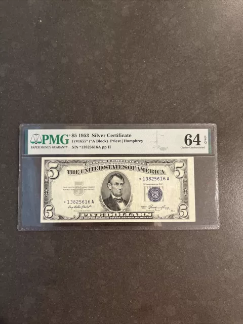 1953 Fr. 1655* Star Note $5.00 Silver Certificate, PMG 64 EPQ GEM Uncirculated