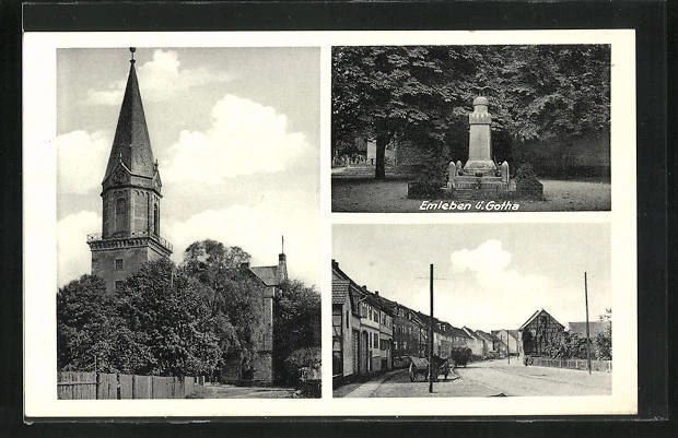 Emleben, Kriegerdenkmal, Kirche, Straßenpartie im Ort, Ansichtskarte 1940