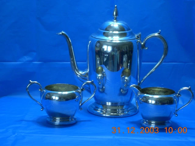 ANTIQUE 3 PC SILVER OVER COPPER TEA POT SUGAR CREAMER R. S. Co.