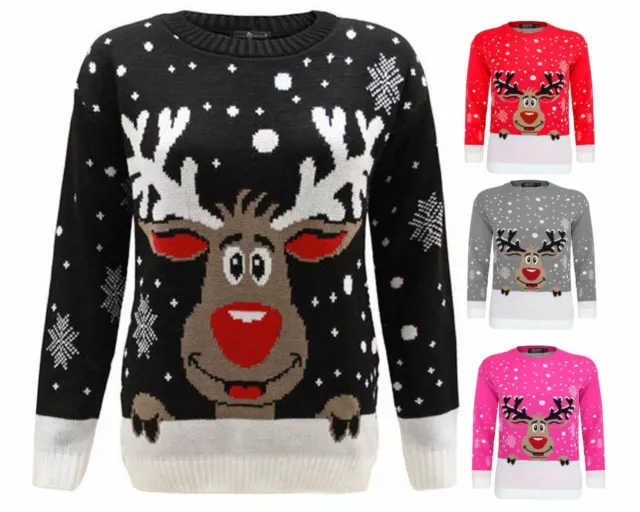 Ladies Women Men Knitted Reindeer Christmas Xmas Chunky Jumper Kids Sweater Top