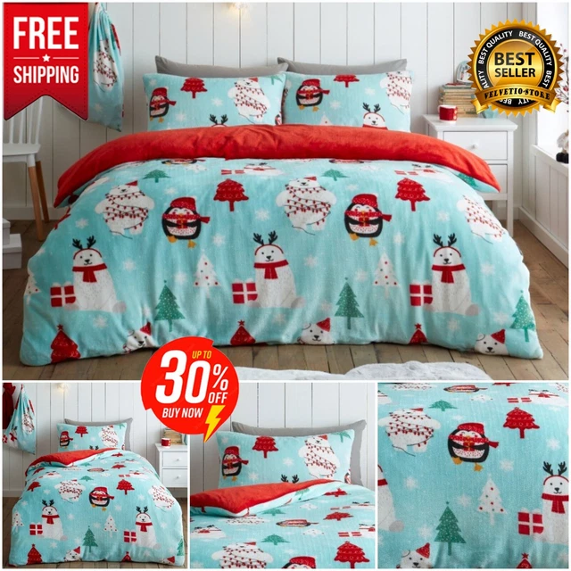 XMAS TEDDY BEAR DUVET COVERS SET Soft Fleece Bedding Quilt & Pillowcase