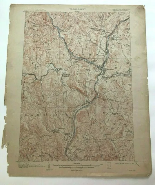 1913 Geological Survey Topographic Map NH Plainfield Hanover White River Juc VT