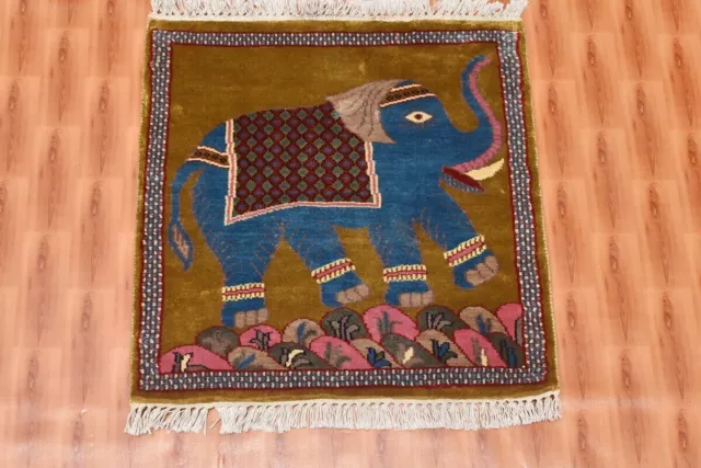 Tapis oriental éléphant noué à la main 2x2, tapis mural multicolore en soie