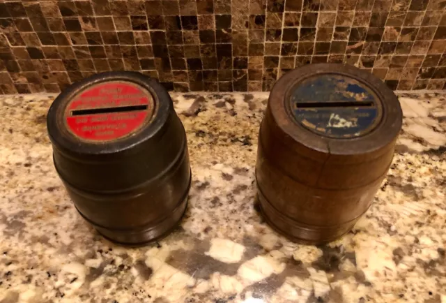 2 Vintage "Save Your Coins" Wood / Metal Barrel Banks Salem & 1st Federal Loan