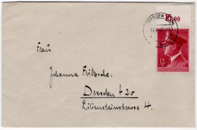Deutsches Reich. Mi 813. Gestempelt Dresden, 13.4.43, auf Brief.