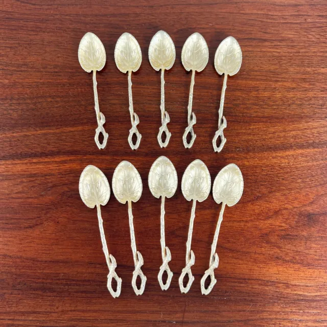 10 Figural German Aesthetic 800 Silver Gilt Demitasse Spoons Branch Leaf Bowls
