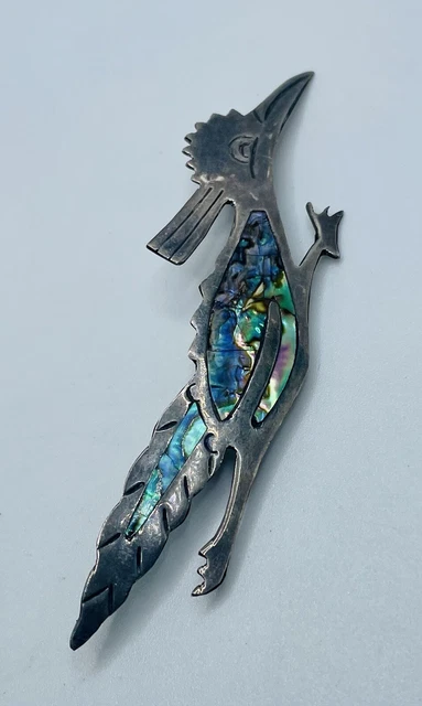 Vintage Taxco Sterling Silver Abalone Brooch Shell Inlay Roadrunner Pin Mexico