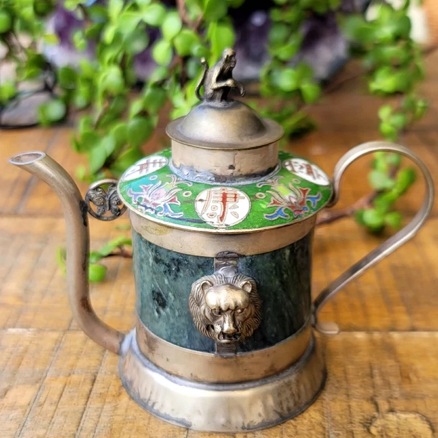 Vintage Signed Chinese Cloisonne Teapot Monkey on Lid Jade Inlaid Alloy Silver