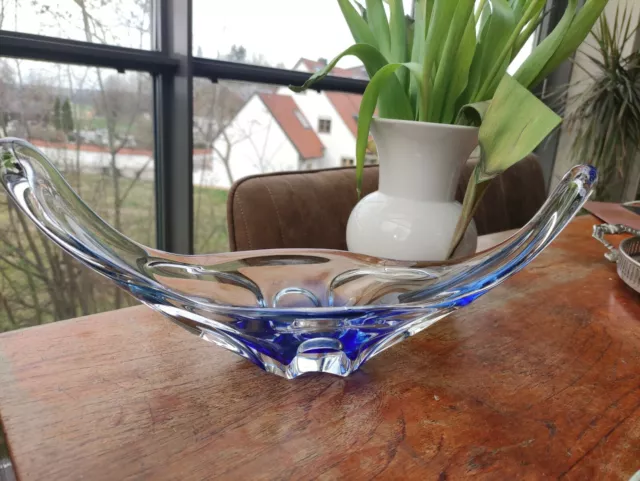 große Schale vintage Kristall Glas blau klar Bayel Crystal France 60er 36 cm