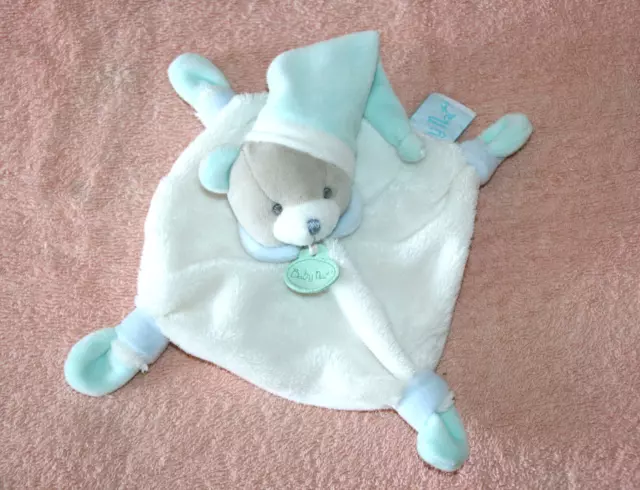 Babynat Doudou Ours Plat Gris Blanc Vert D'eau Bleu Bonnet Bn0168 Etat Neuf