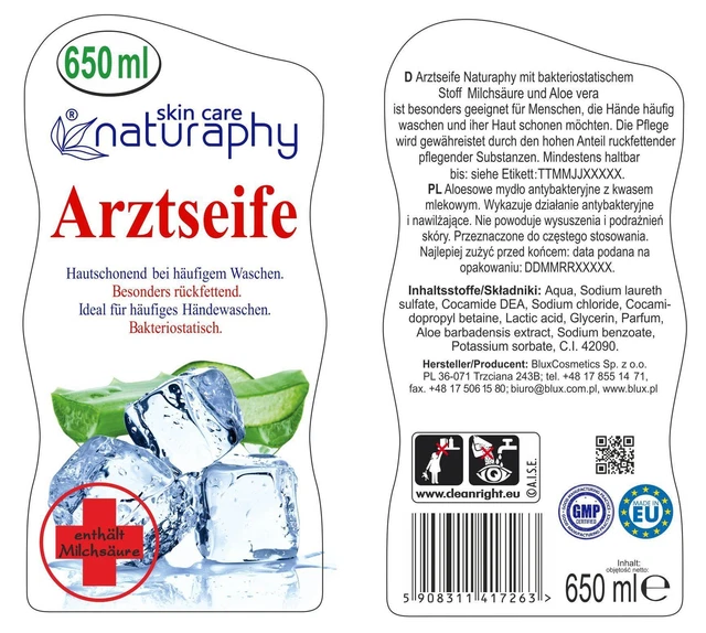 7,54EUR/1l 2 x Jabón médico Naturaphy jabón líquido antibacteriano aloe vera 650ml