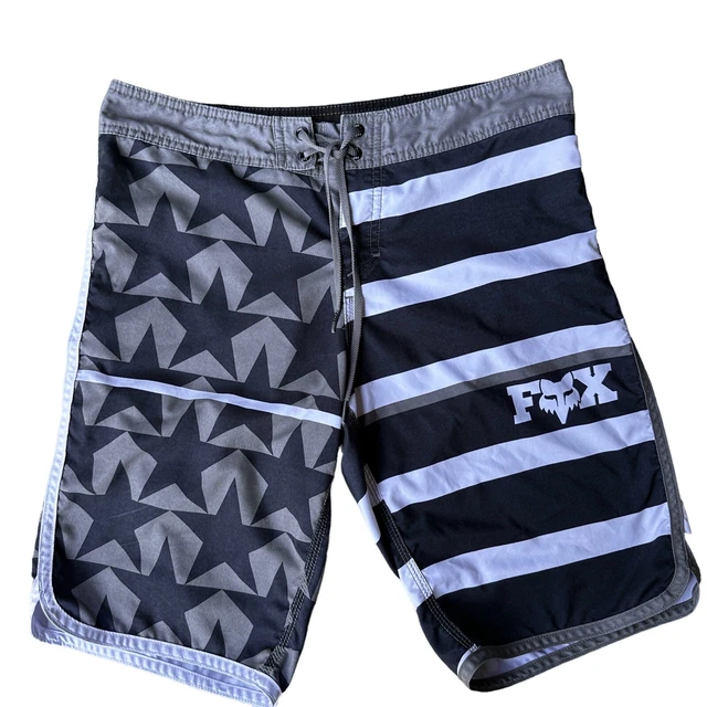 Fox Racing Men's Black & Gray Striped Stars Board Shorts Size 30 Swim Trunks