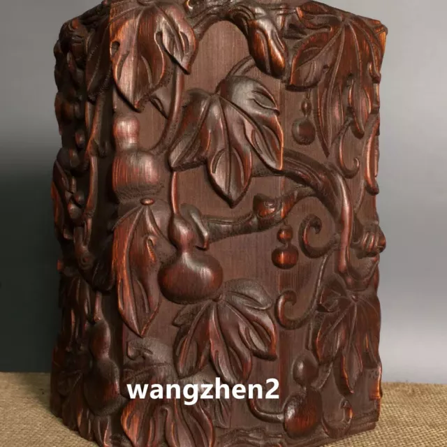 Chinese Wood brush pot Bamboo carving Pen holder Embossed gourd pattern 15cm