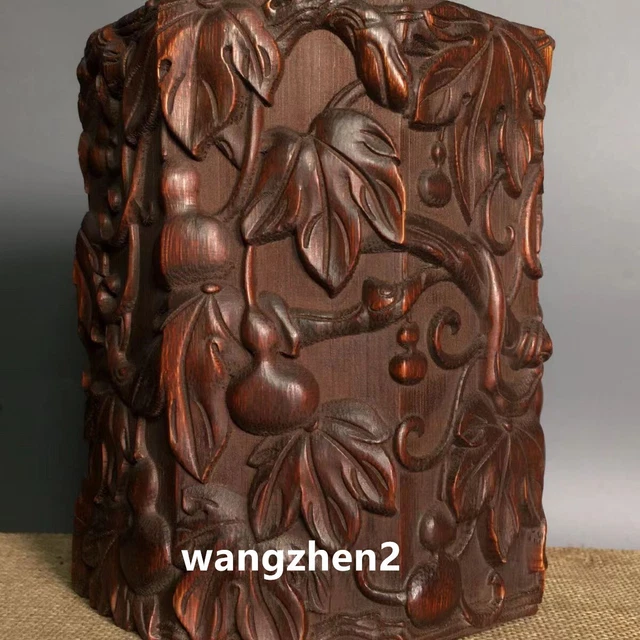 Chinese Wood brush pot Bamboo carving Pen holder Embossed gourd pattern 15cm