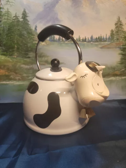 1992 M.K. Kamenstein Whistling 2 Quart Black and White Cow Tea Kettle with  Bell