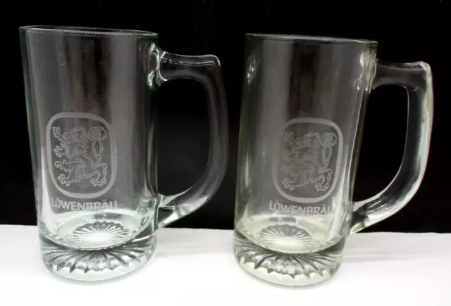 2 Vintage Lowenbrau Clear Glass Mugs