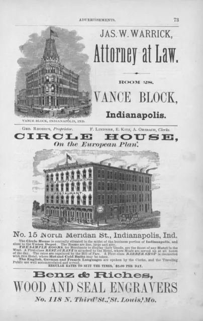 Circle House Hotel - Jas. W. Warrick, Attorney at Law - Indianapolis, Ind.- 1877