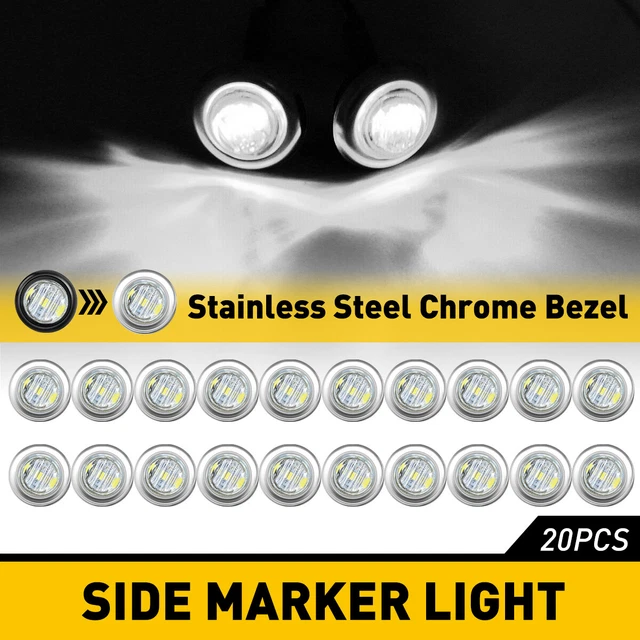 20pcs 3/4" White Trailer Bullet Side Marker Truck Light Chrome Bezel Lamps CUS