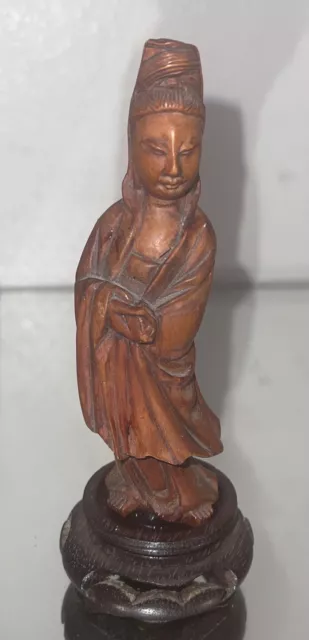 Chinese Boxwood wood Hand carved Buddhism Kwan-Yin GuanYin Buddha Goddess Statue