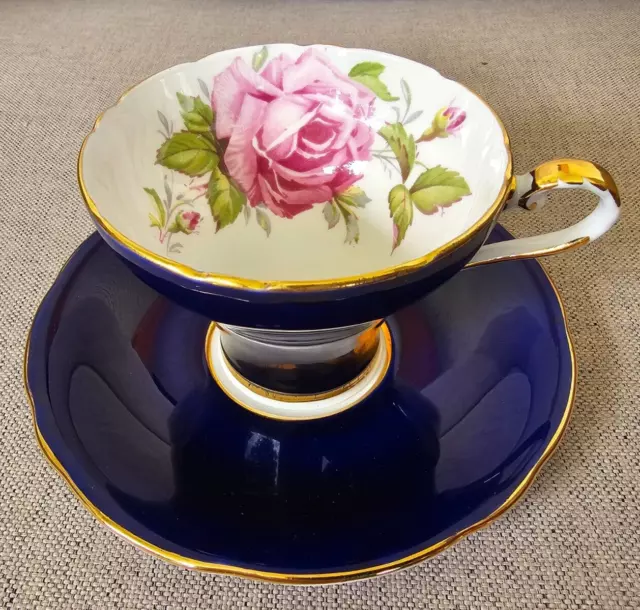 Aynsley Cobalt Blue Teacup & Saucer Set Vintage Antique Cabbage Rose Pattern