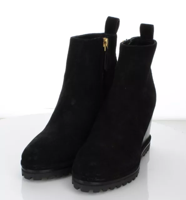 H9 NEW $428 Women's Sz 5 M Tory Burch Suede Logo Lug Sole Wedge Boot In Black