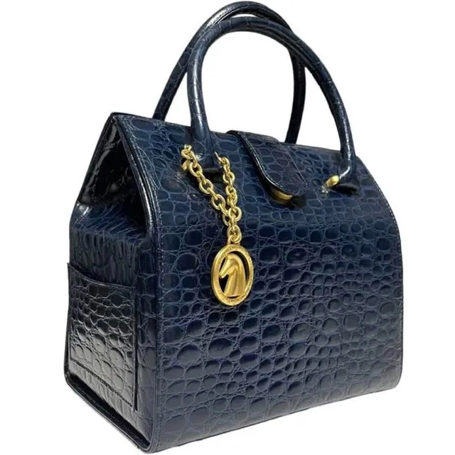 Longchamp Leather Handbag Tote Bag Croc embossed Blue with Gold Charm