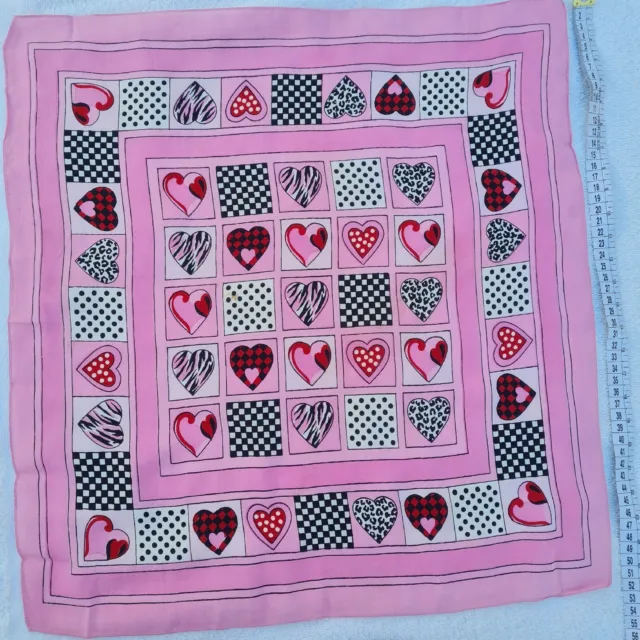 Vtg Authentic Lux Pink Silk Animal Print Hearts Lightweight Bandana Small Scarf