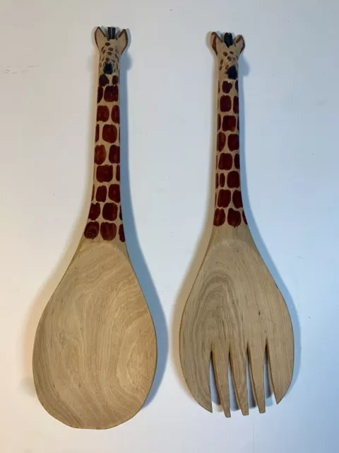 African-Wooden Giraffe Handle Spoon/Fork Salad Set-Hand Carved-Made In Kenya 12”