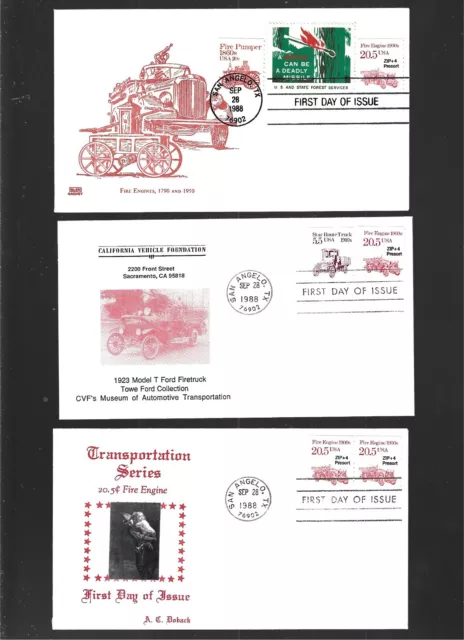 Us Fdc First Day Cover # 2264 Fire Engine 1988 Coil  Lot Of 3