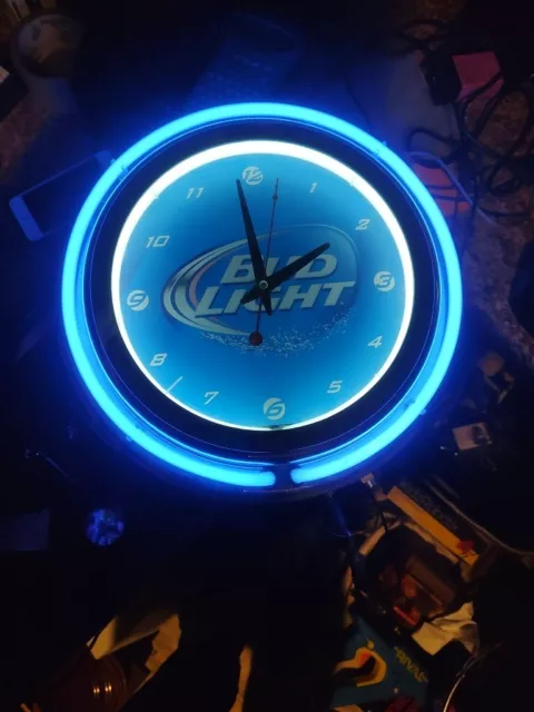 15" Bud Light Beer Blue Double Neon Clock Chrome Finish Man Cave Bar