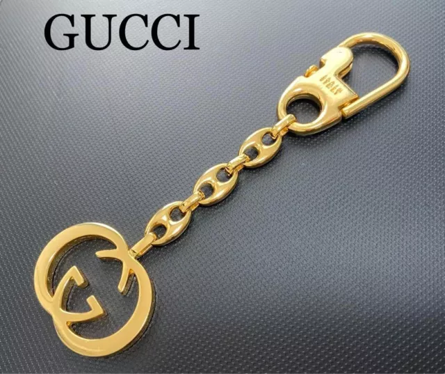 GUCCI Bag Charm Key Ring Key Chain Interlocking GG Logo Gold Italy Authentic