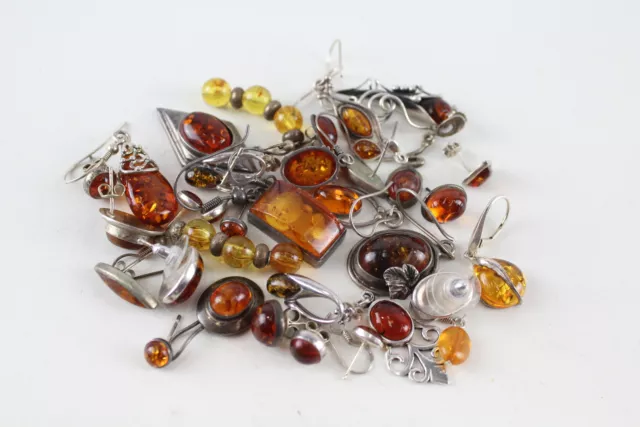 55g Sterling Silver Amber Earrings Odd Drops Studs Celtic Baltic Ornate