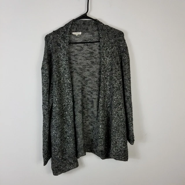 Eileen Fisher Damen-Cardiganpullover grau metallic offen vorne Leinenmischung XL