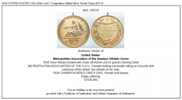 1936 UNITED STATES USA Metro AAU Competition Gilded Silver Medal Token i88316 3