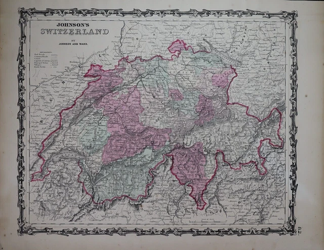 1862 Johnson's Atlas Map ~ SWITZERLAND ~ (14x18)   Free S&H  -#841