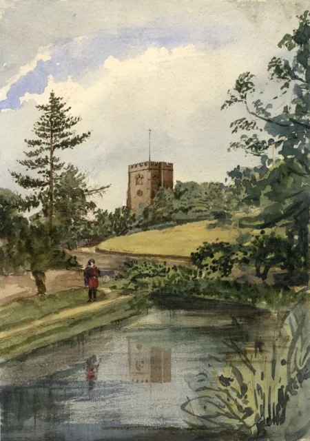 George Corson, River View with Church & Figure – mid-19th-century watercolour