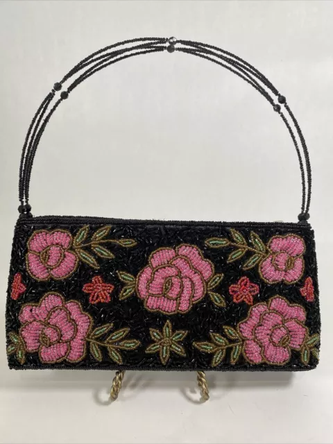 Vintage Bag: Vintage Black and Pink Floral Beaded Evening Bag W/ Handles