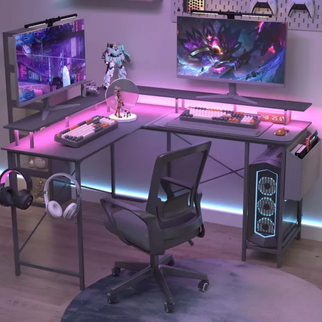 L Shaped Desk Metal Frame Gaming Desk with LED Lights & Power Outlets,  Black